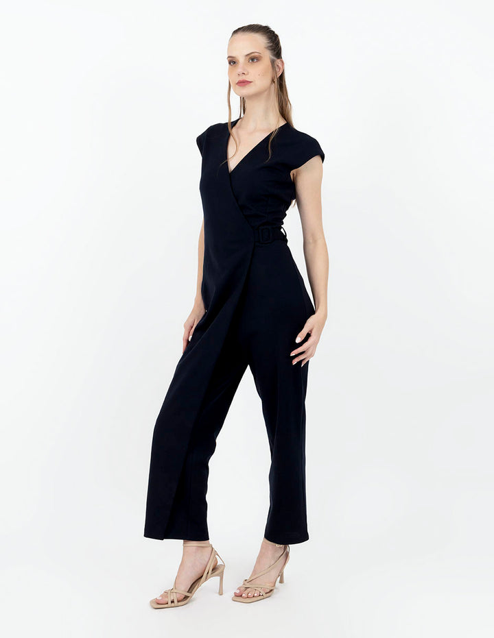 Jumpsuit elegante con cruce en pierna y cinta para ajuste rojo y marino