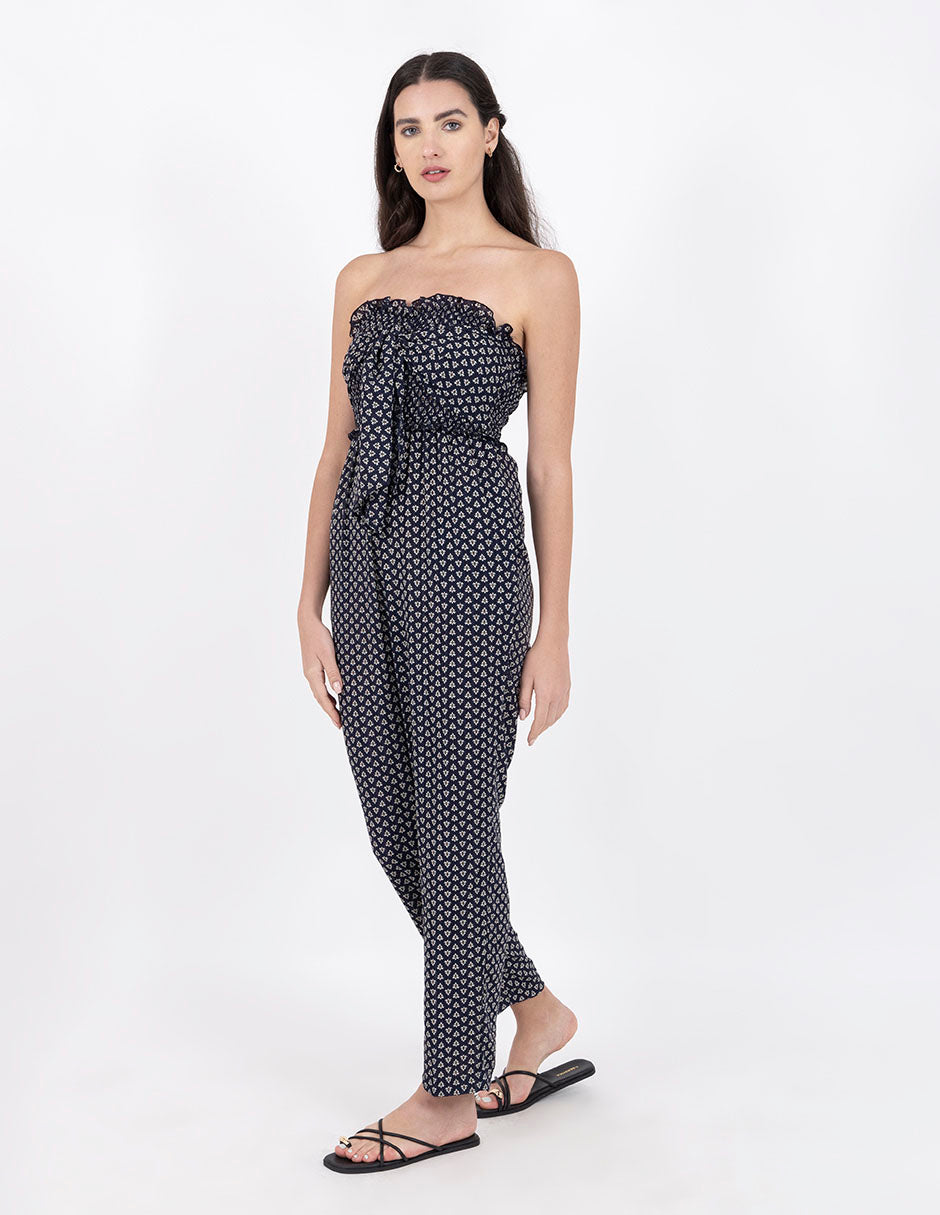 Jumpsuit marino  largo con detalle de smock