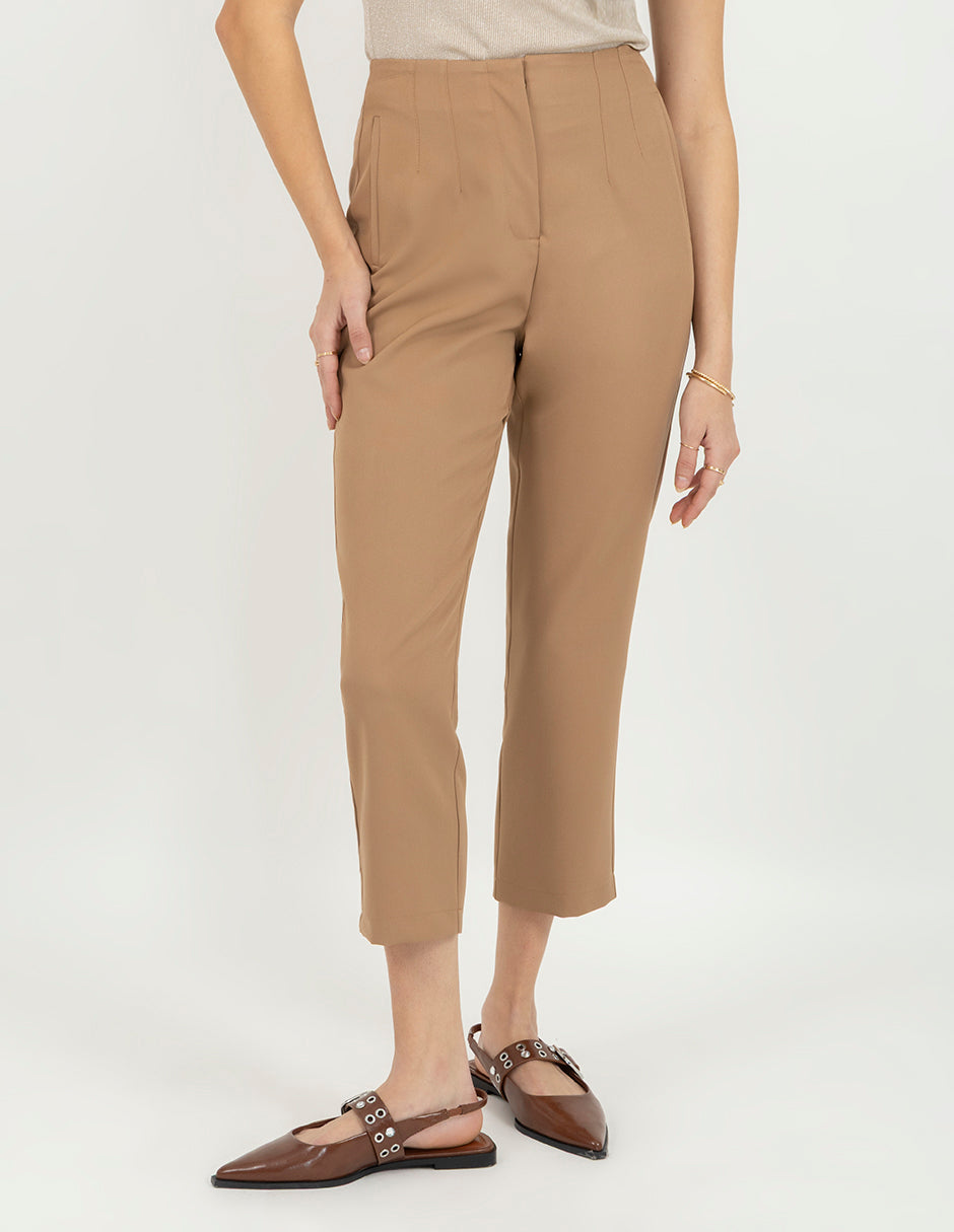 Pantalón beige de tiro alto con corte recto (beige y camel)