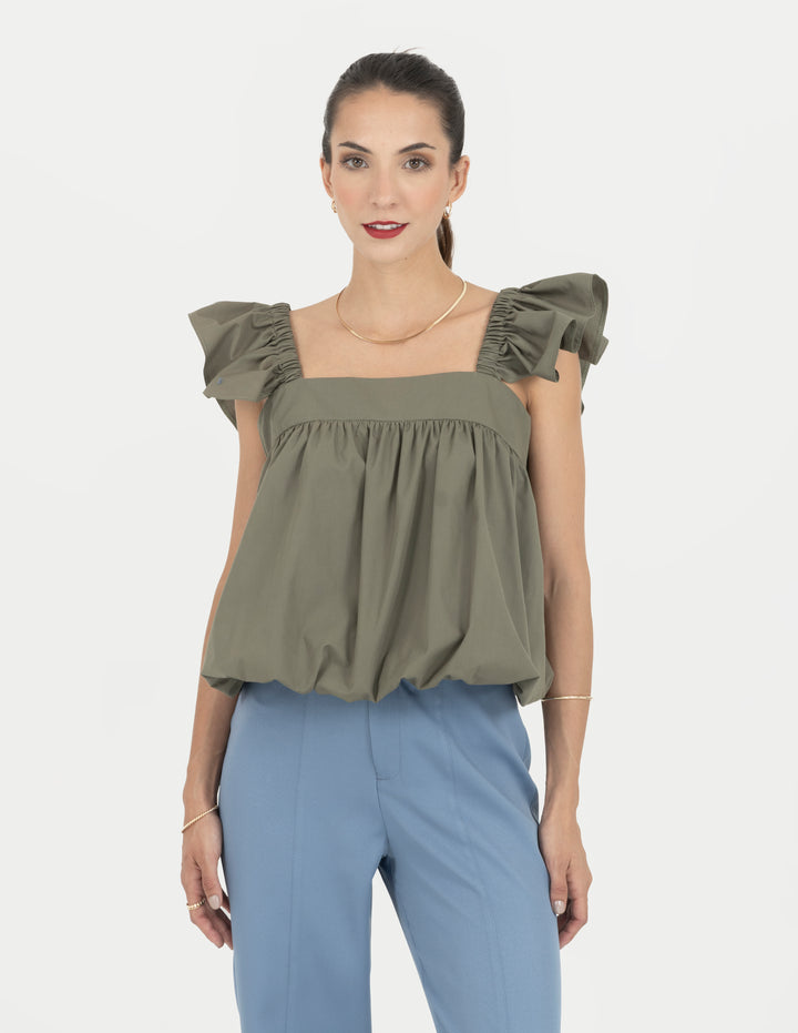 Blusa verde olivo tipo globo con mangas de frunce