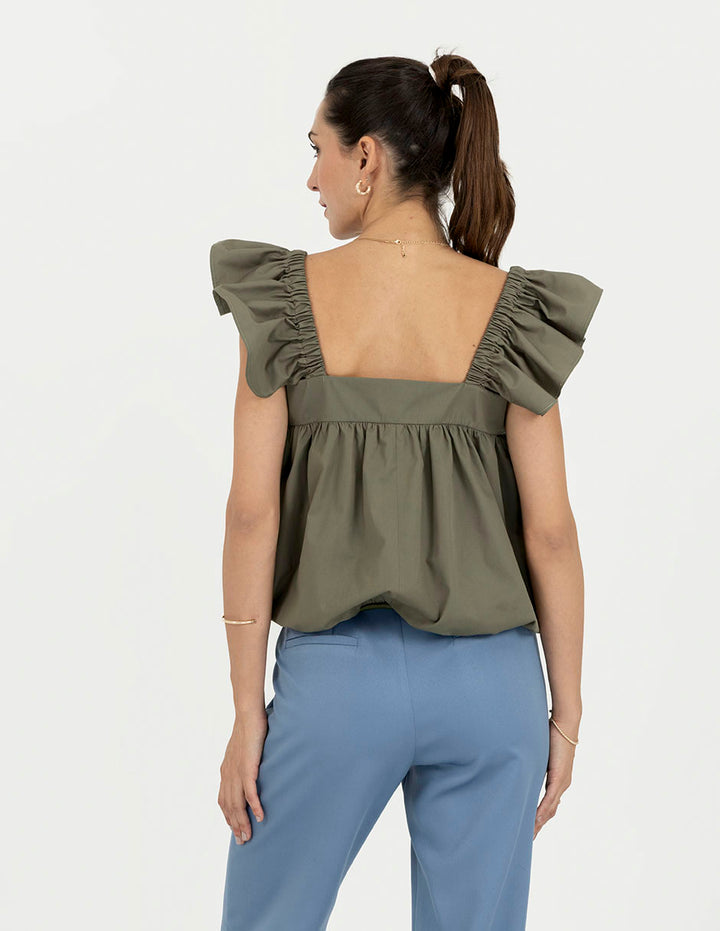 Blusa verde olivo tipo globo con mangas de frunce