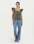 Blusa verde olivo tipo globo con mangas de frunce