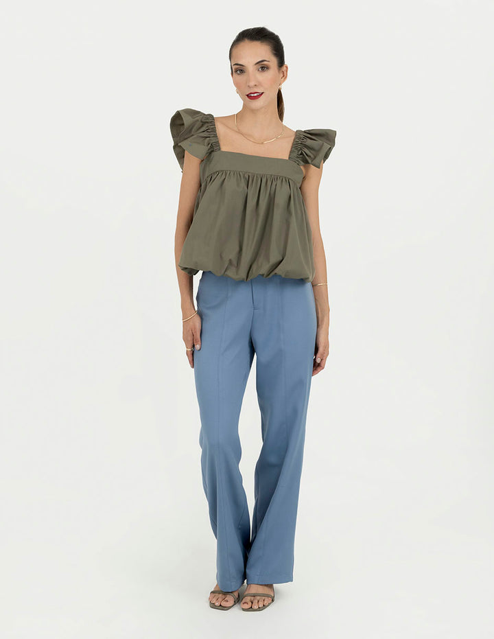 Blusa verde olivo tipo globo con mangas de frunce