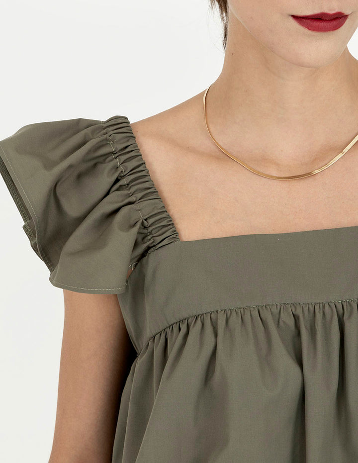 Blusa verde olivo tipo globo con mangas de frunce