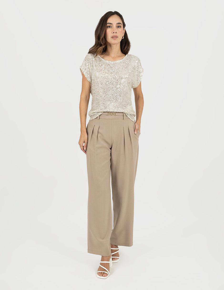 Blusa  beige de lentejuelas y manga corta