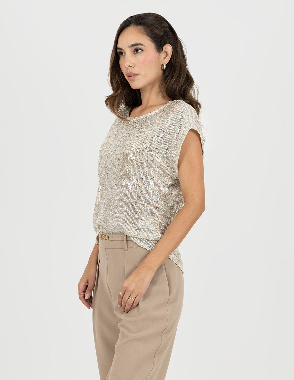 Blusa  beige de lentejuelas y manga corta