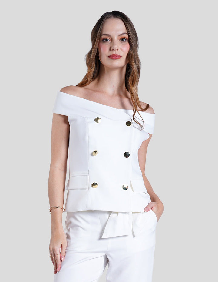 Blusa ivory off shlulders con botones dorados (Conjunto)