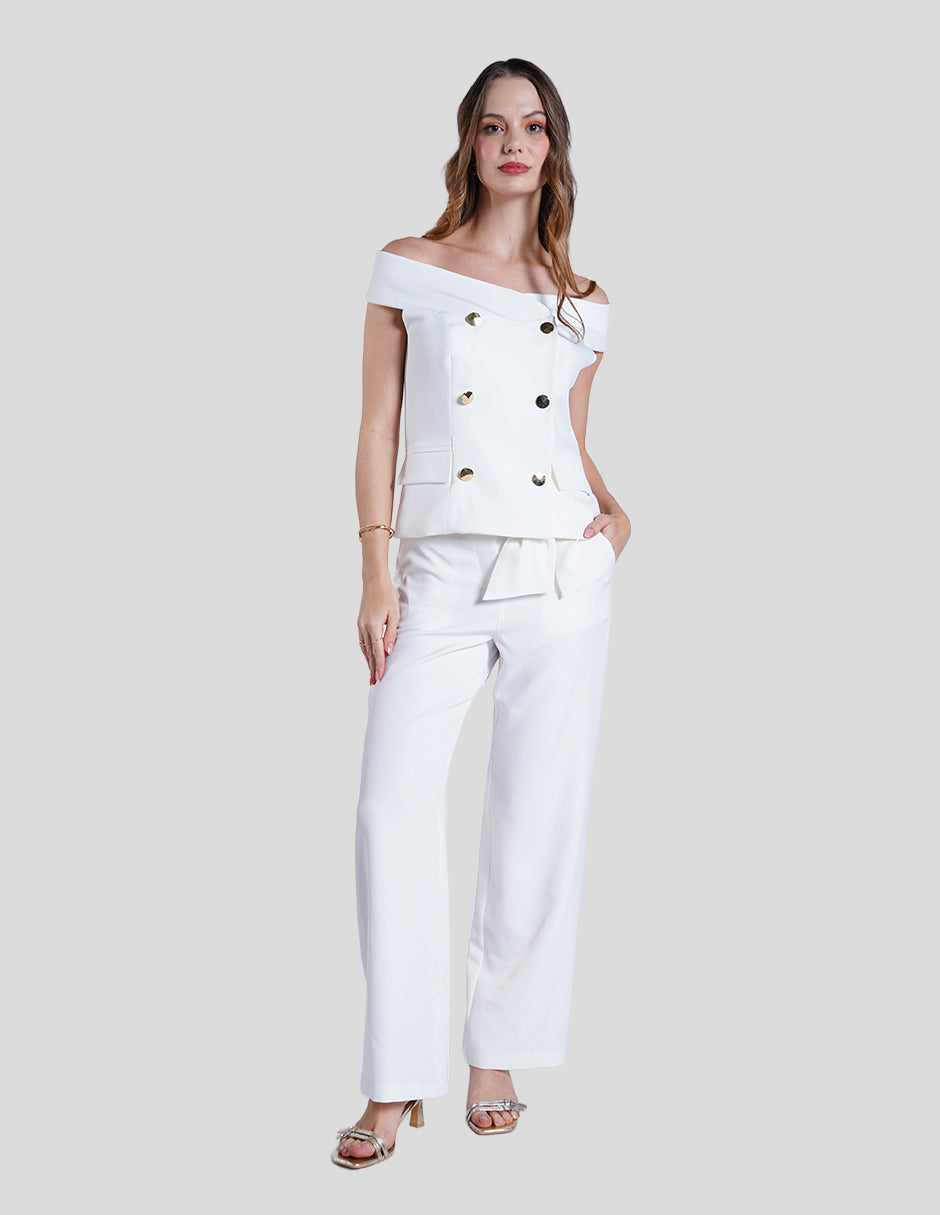 Pantalón blanco con detalle de cinta (Conjunto)