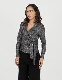 Blusa manga larga plateada con brillos