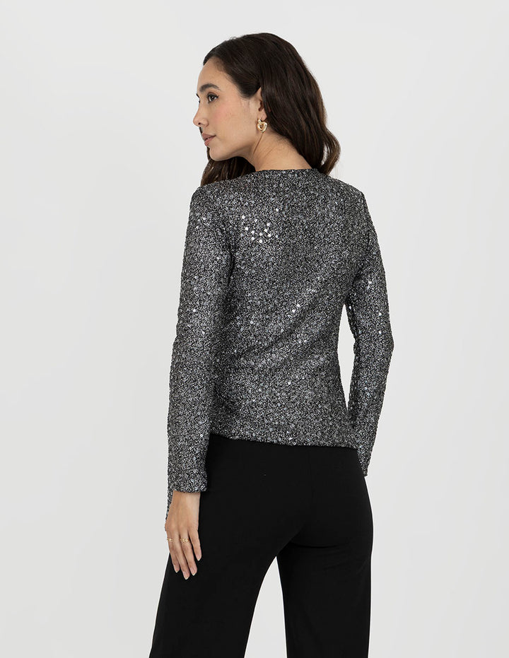 Blusa manga larga plateada con brillos