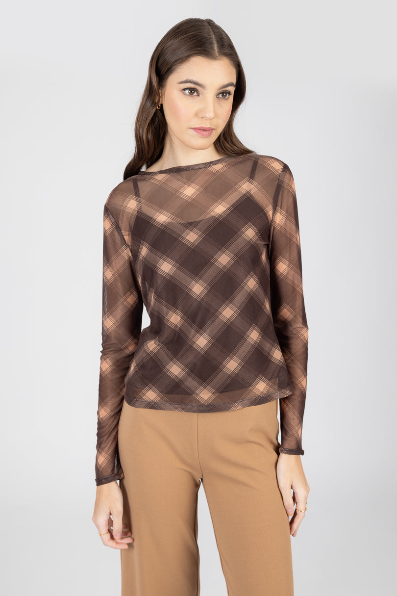 Blusa café con efecto degradado de manga larga