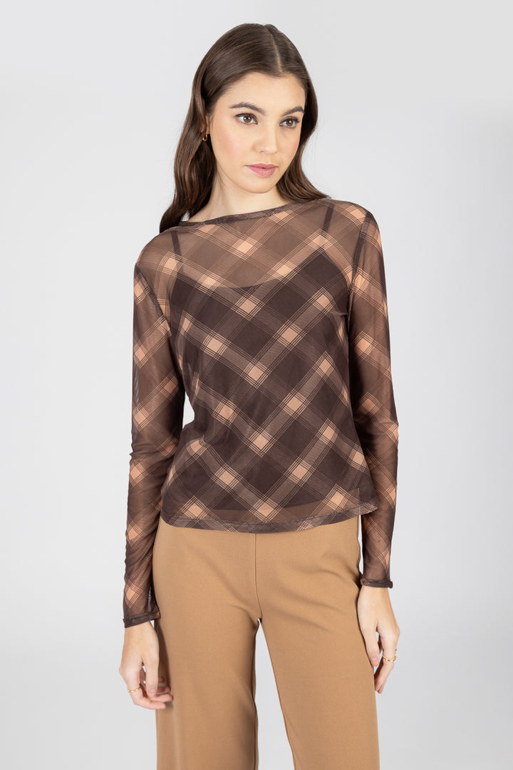 Blusa café con efecto degradado de manga larga