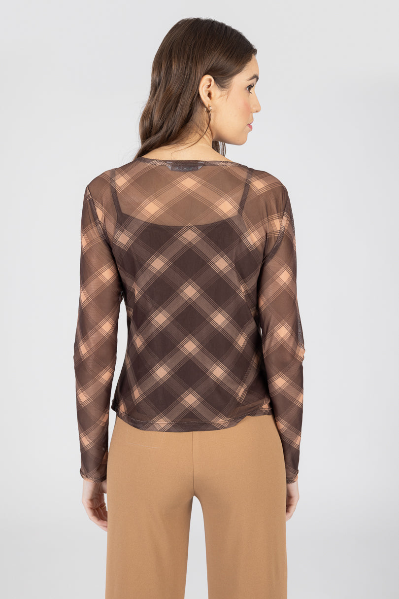 Blusa café con efecto degradado de manga larga