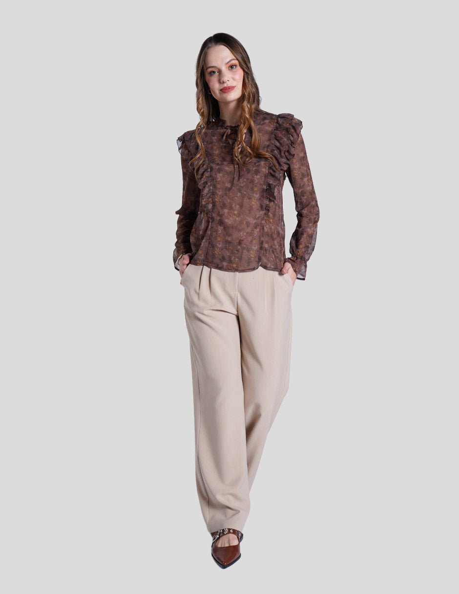 Blusa café estamapada de manga larga