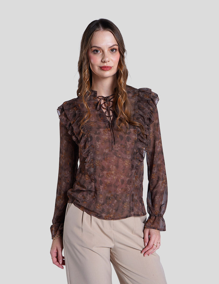 Blusa café estamapada de manga larga