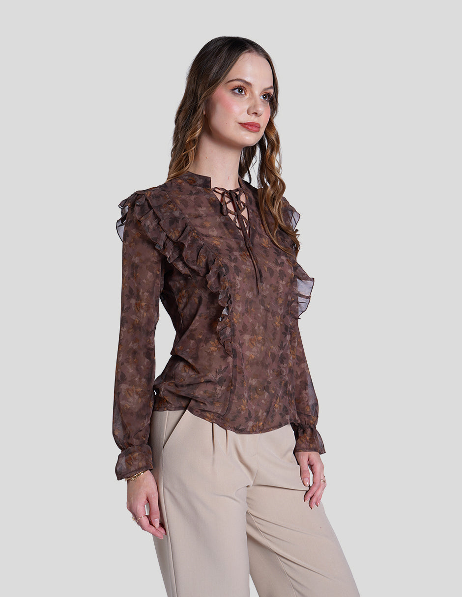 Blusa café estamapada de manga larga