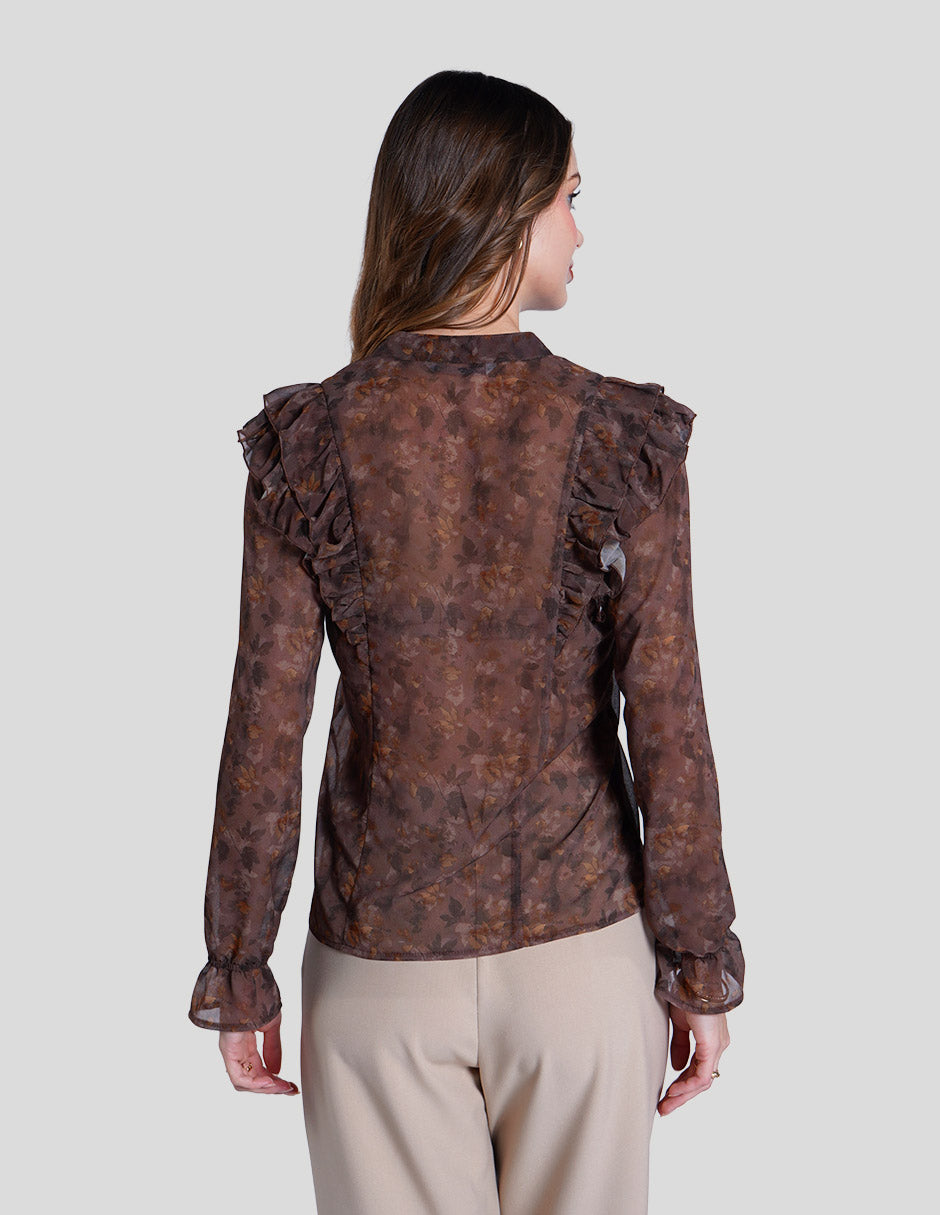 Blusa café estamapada de manga larga