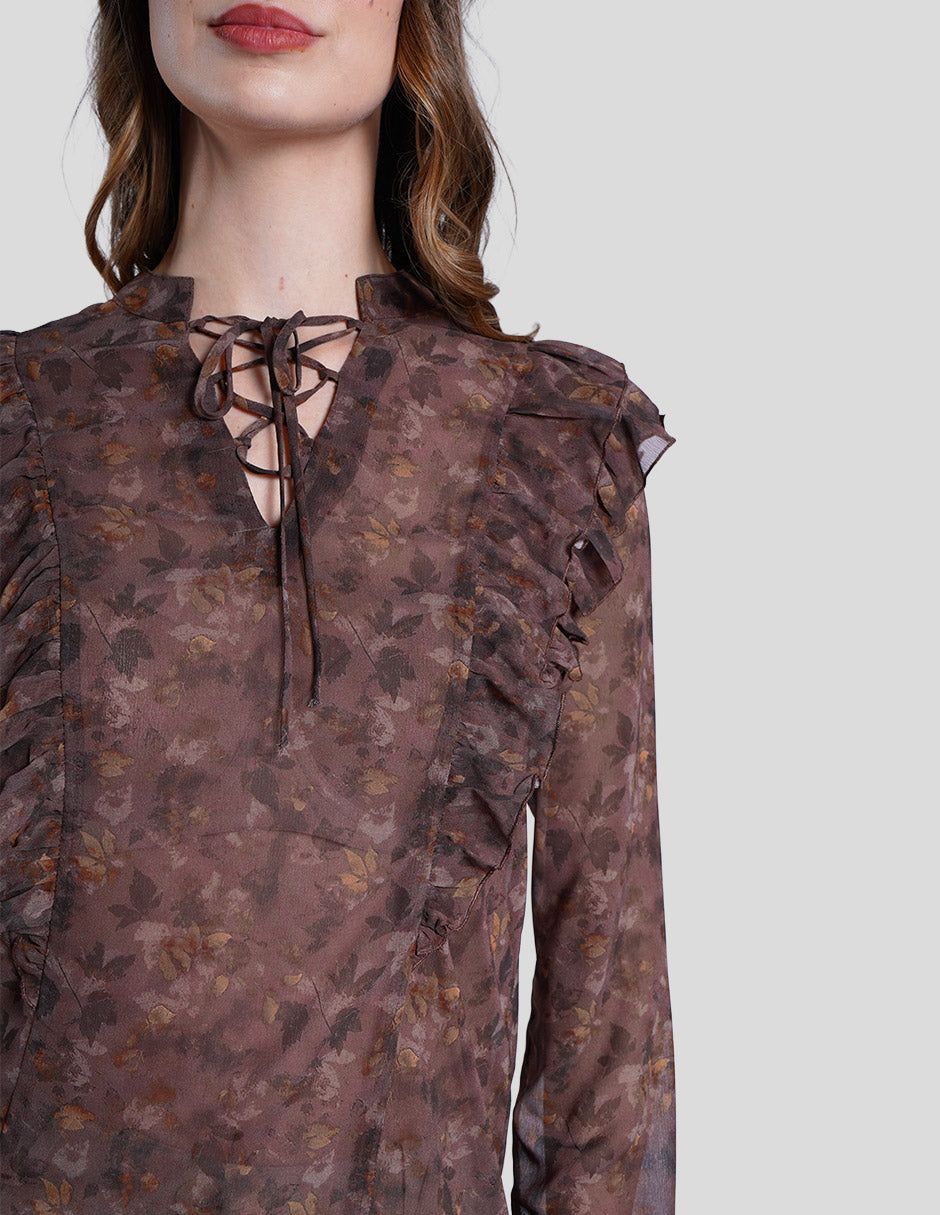 Blusa café estamapada de manga larga