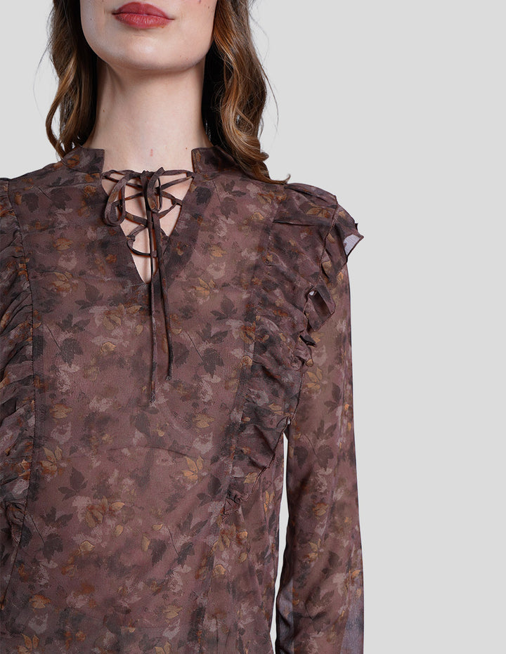 Blusa café estamapada de manga larga