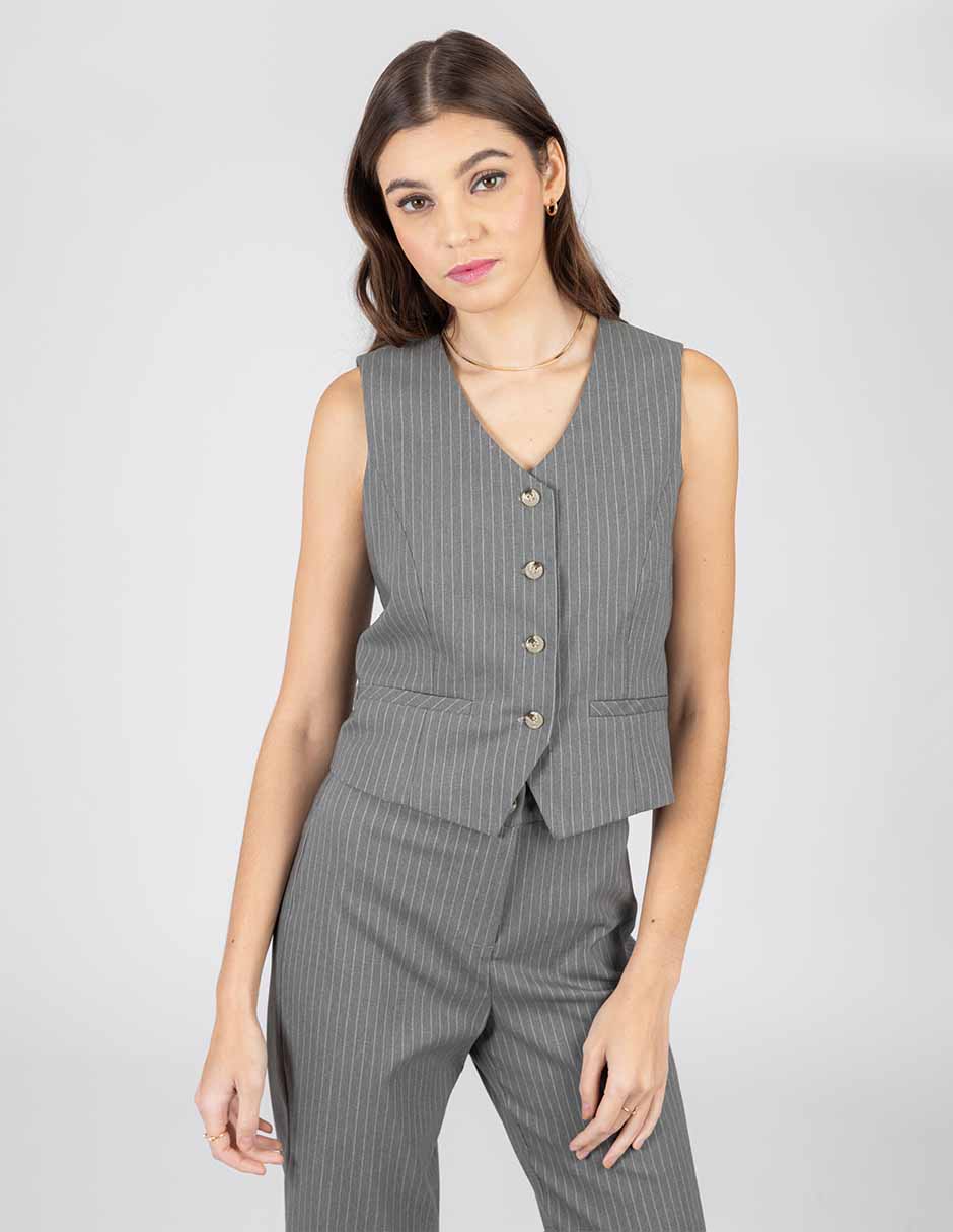 Chaleco gris de líneas y escote V (Conjunto)