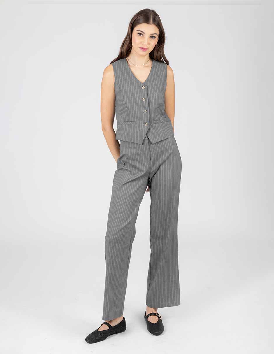 Pantalón gris recto con diseño de líneas (Conjunto)