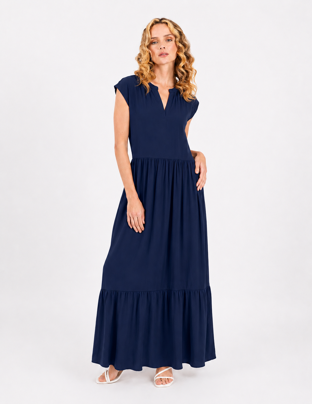 Vestido largo azul marino cuello V