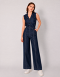 Jumpsuit largo azul y botones enfrente