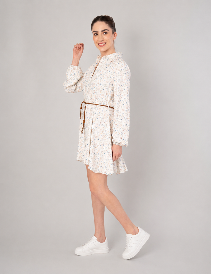 Vestido corto estampado con jareta en cintura