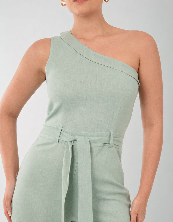 Jumpsuit largo verde agua de un solo hombro