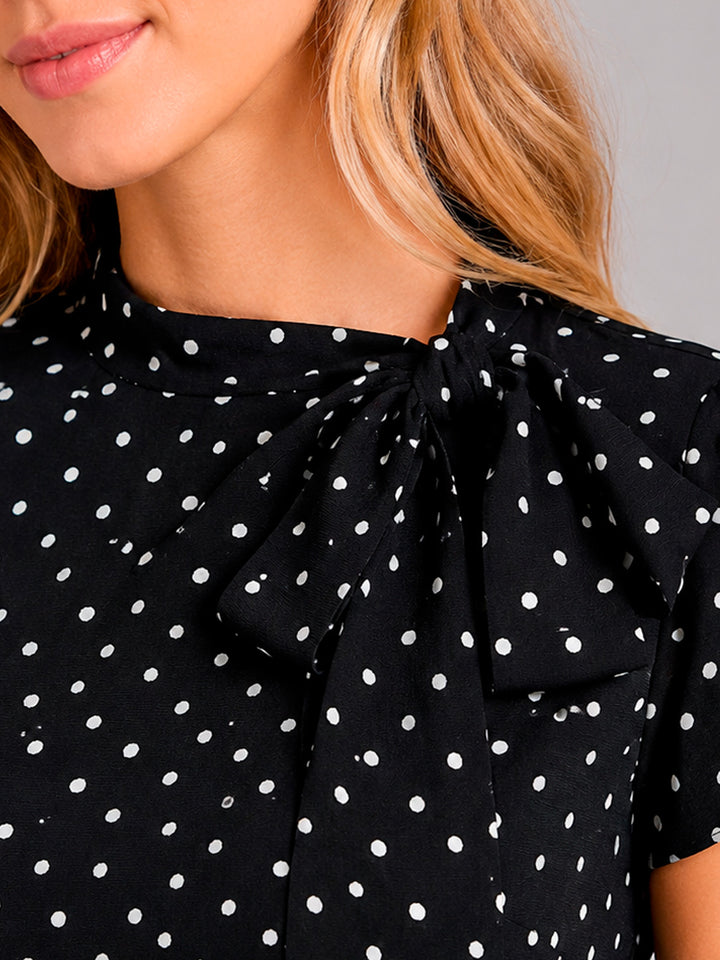 Vestido de dots largo y cuello redondo con jareta