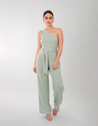 Jumpsuit largo verde agua de un solo hombro