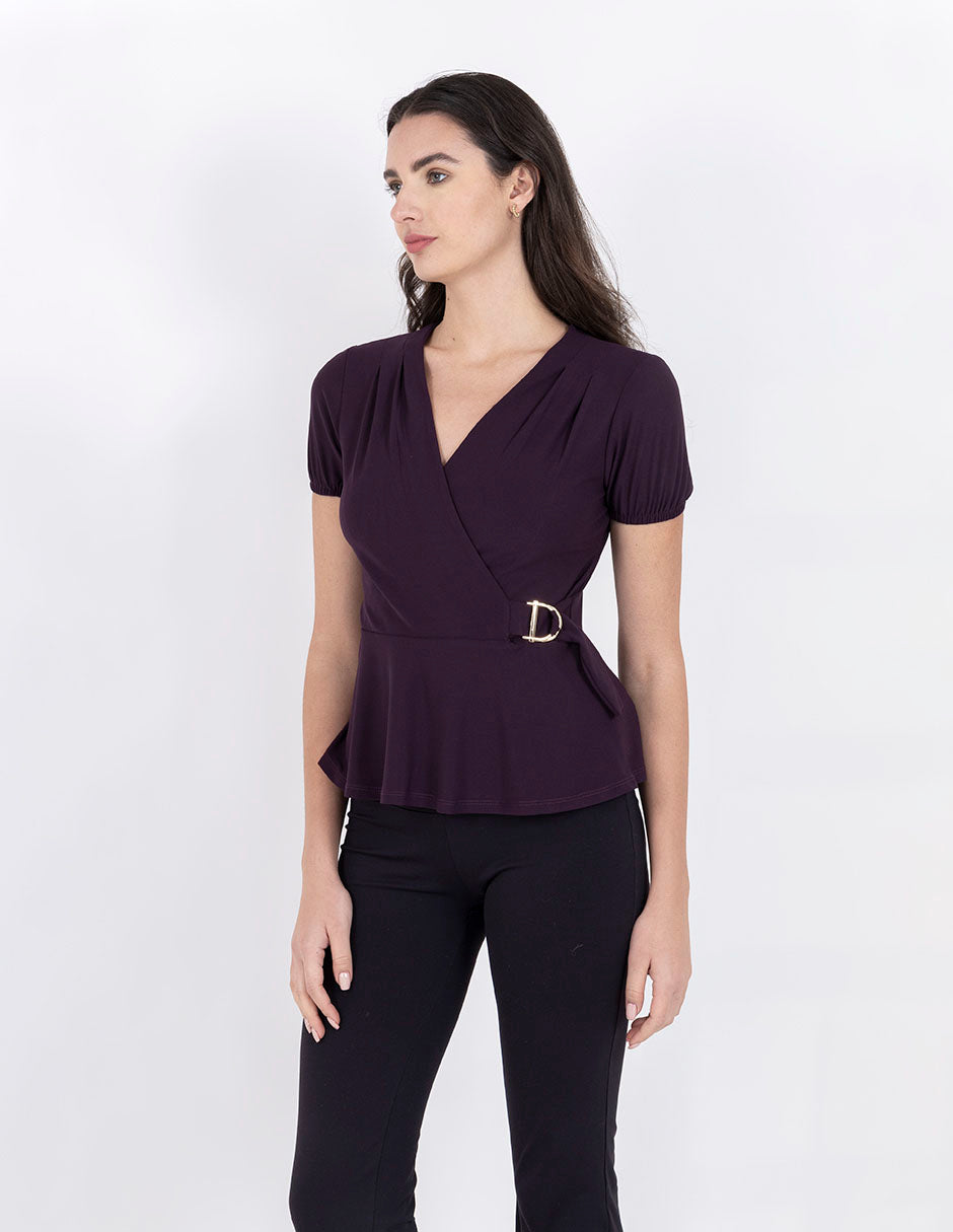 Blusa morada de escote V con manga globo