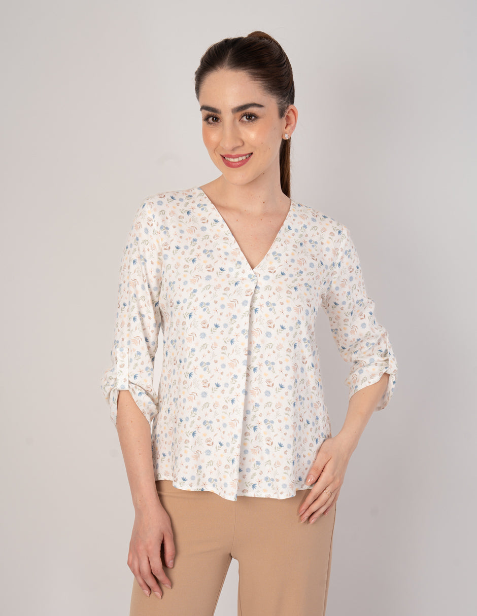 Blusa ivory estampada de manga 3/4