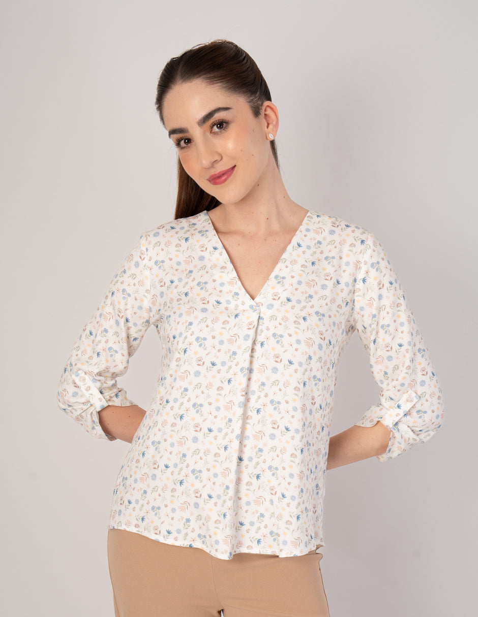 Blusa ivory estampada de manga 3/4