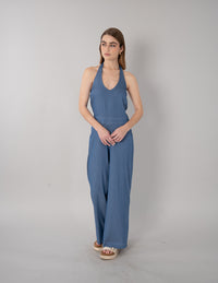 Jumpsuit largo azul con escote pronunciado