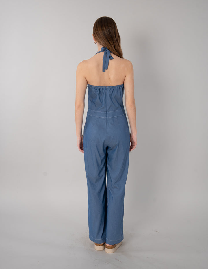 Jumpsuit largo azul con escote pronunciado