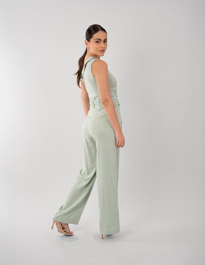 Jumpsuit largo verde agua de un solo hombro