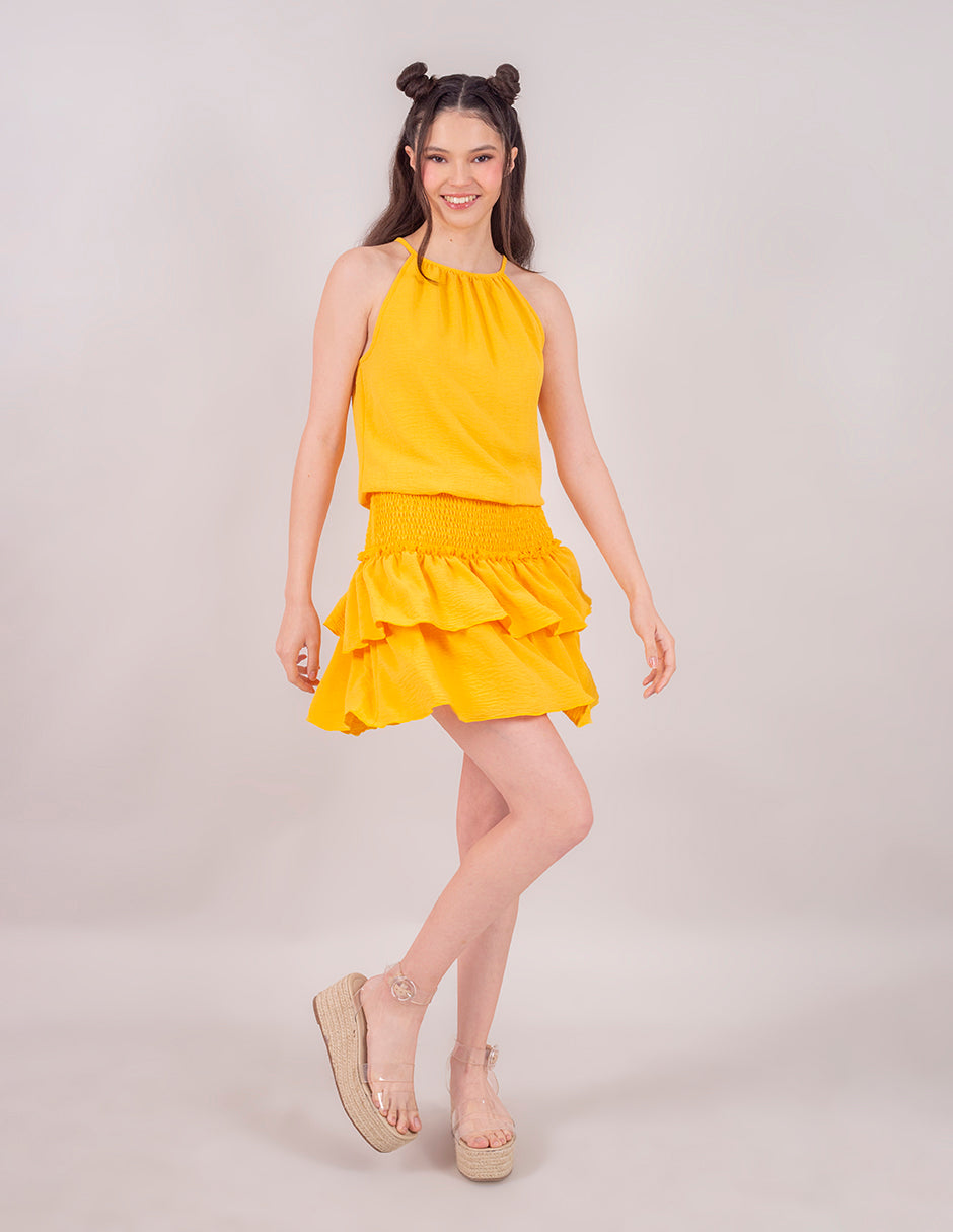 Vestido corto con smock en la cintura amarillo y coral