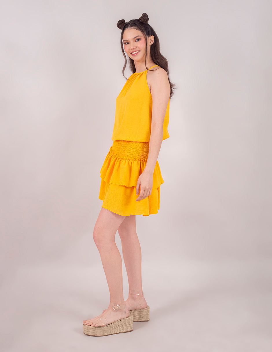 Vestido corto con smock en la cintura amarillo y coral