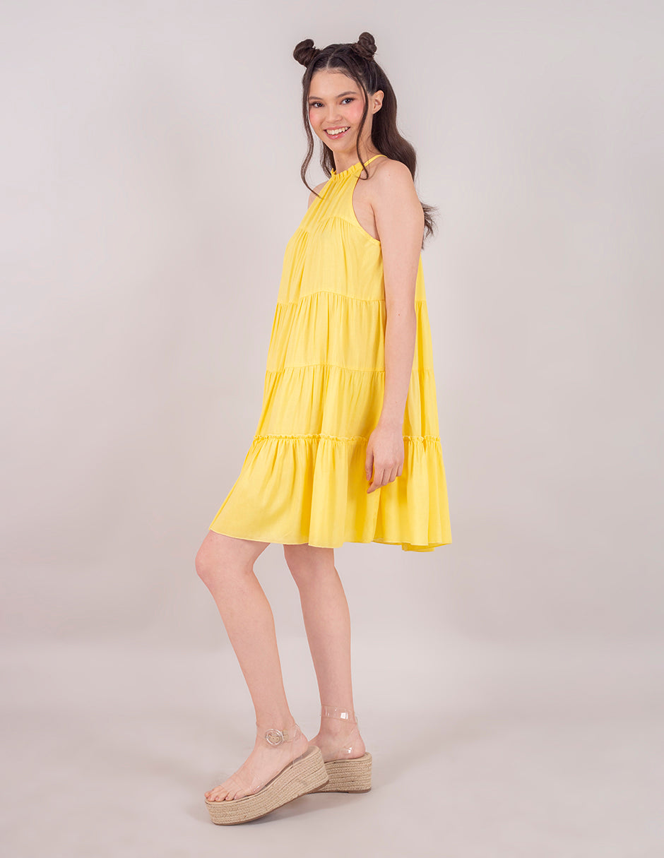 Vestido corto amarillo y lila