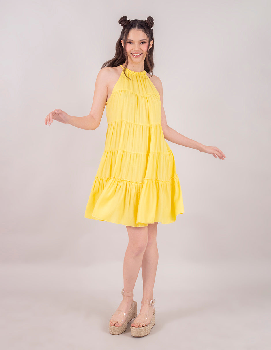 Vestido corto amarillo y lila